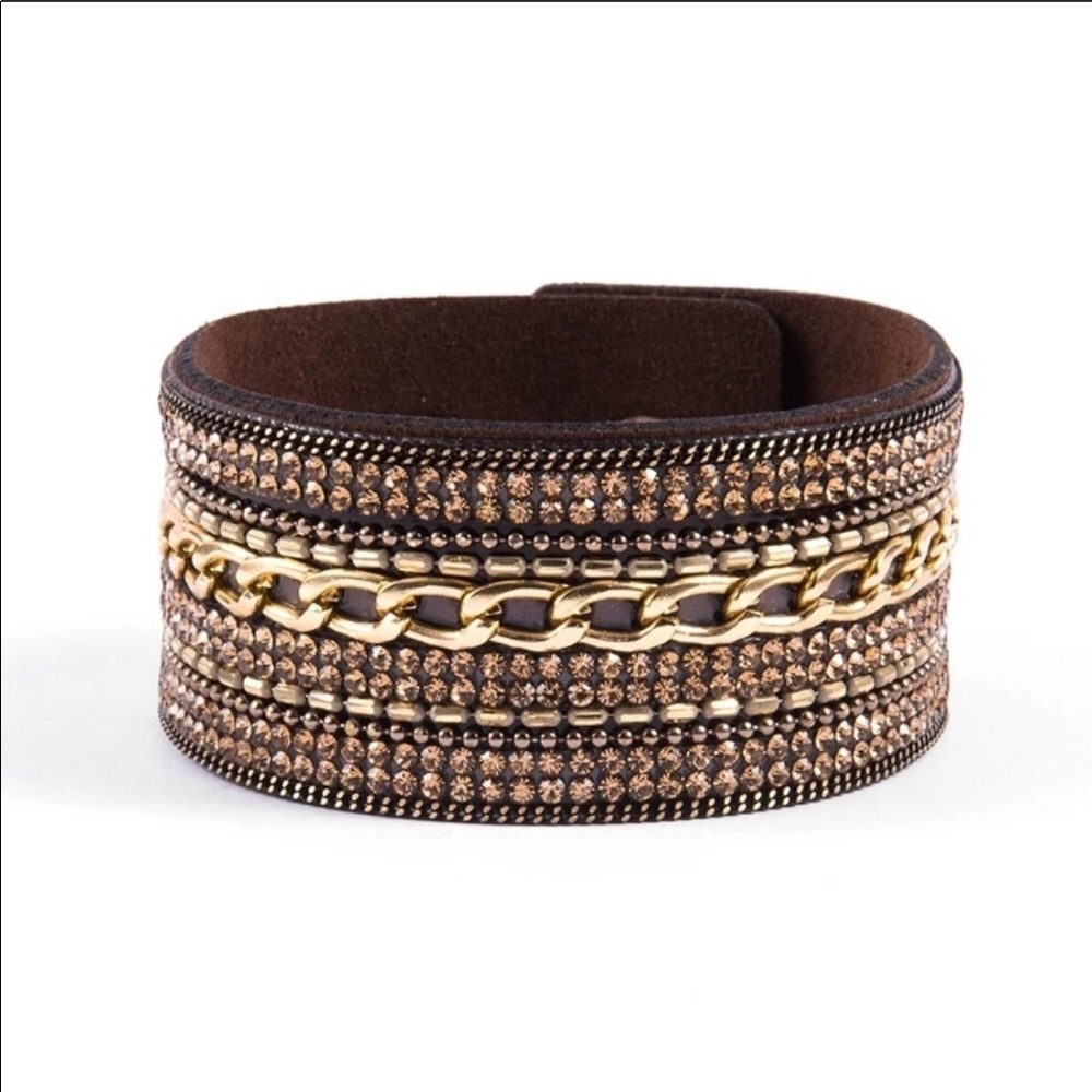 Rhinestone Suede Cuff Button Statement Brown